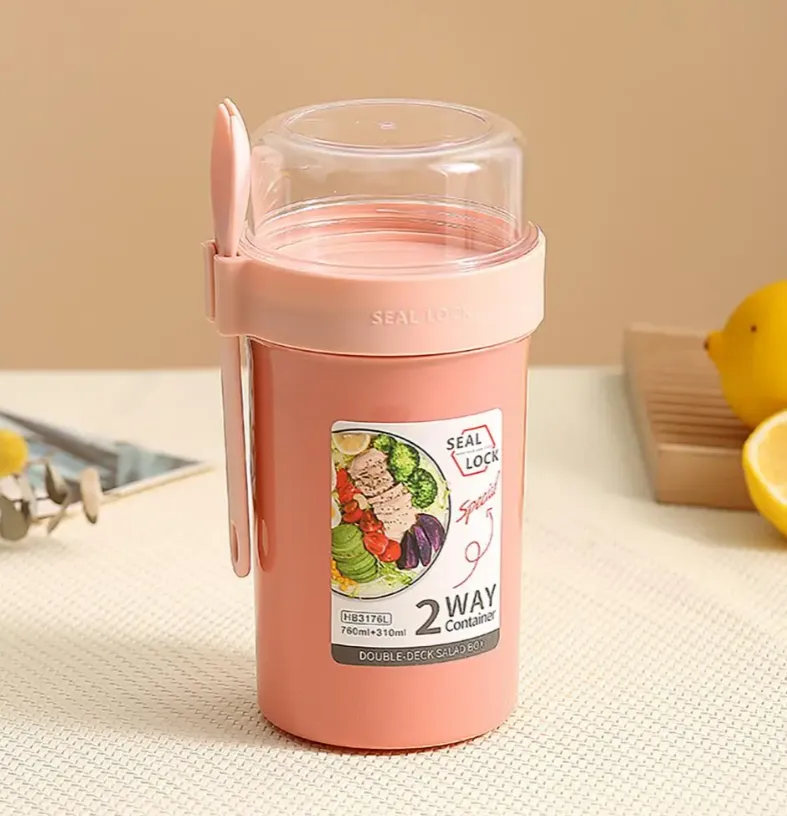 990Ml Double Cup Salad Lunch Container With Fork Yl-376 Pink