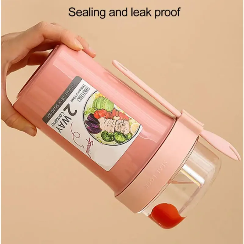 990Ml Double Cup Salad Lunch Container With Fork Yl-376 Pink