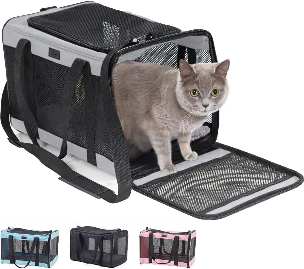 Airline Travel Cat Carrier Bag up to 15 Lbs, Breathable Mesh Collapsible Pet Carriers for Small, Medium Cats, Small Dogs, Puppies, Portable Kennel with Soft Washable Waterproof Pad Blue