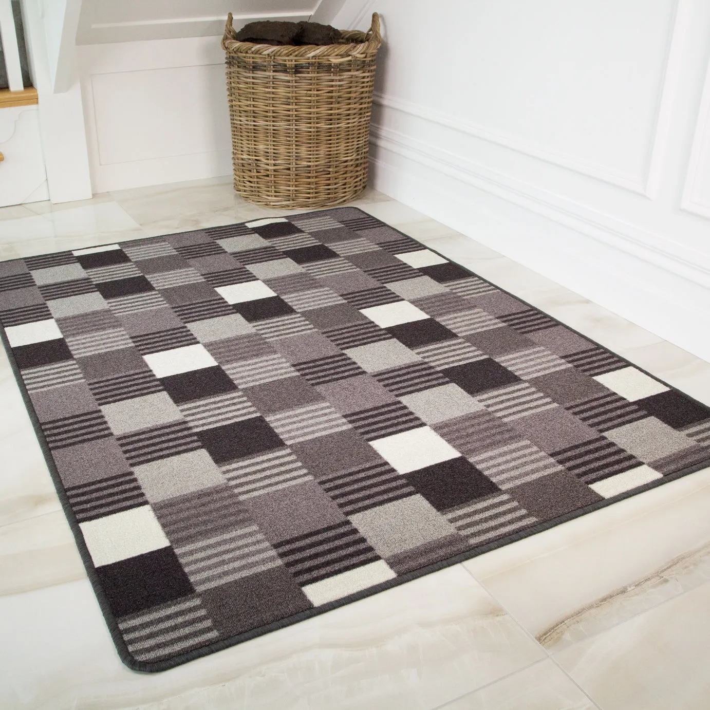 Black Blocks Washable Rug