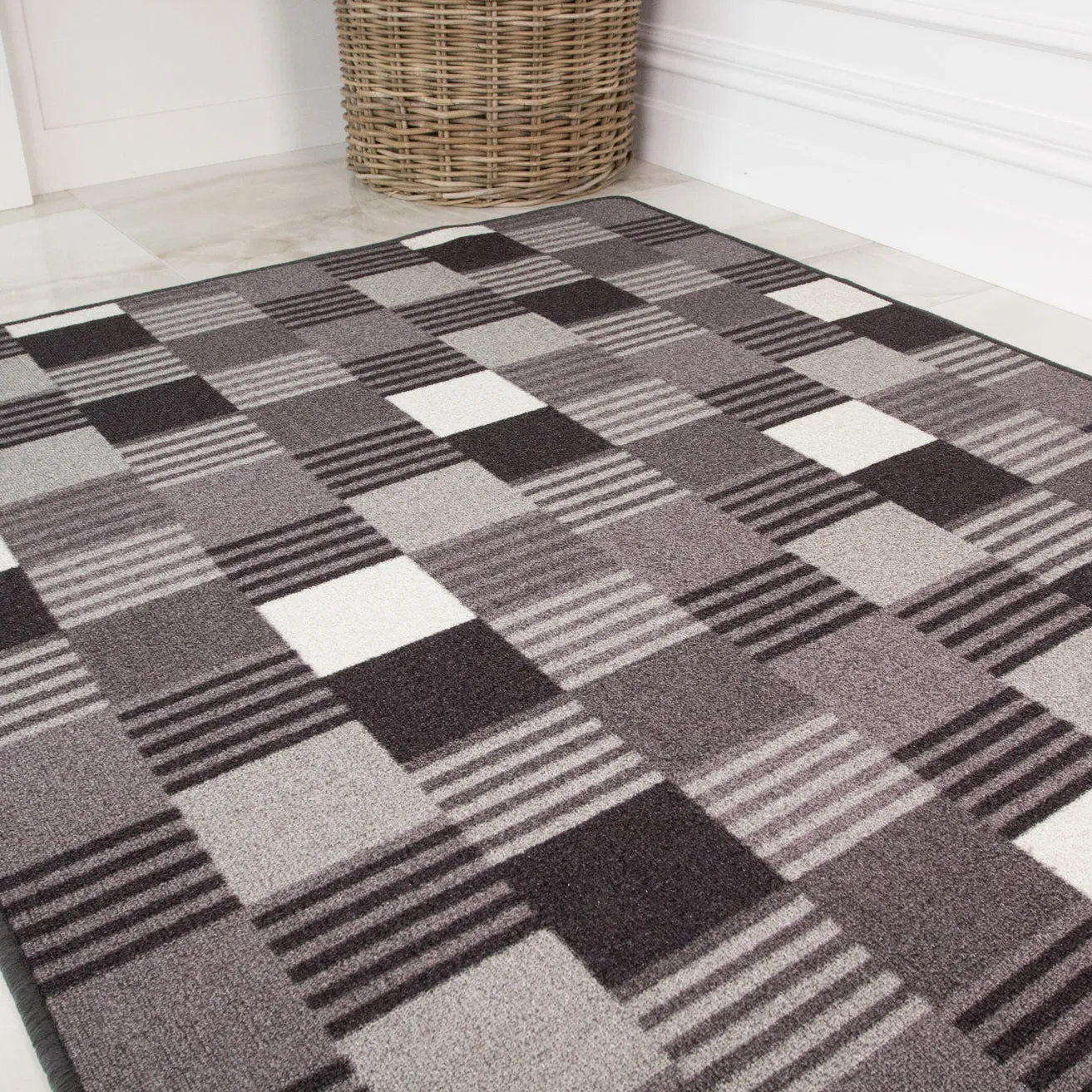 Black Blocks Washable Rug