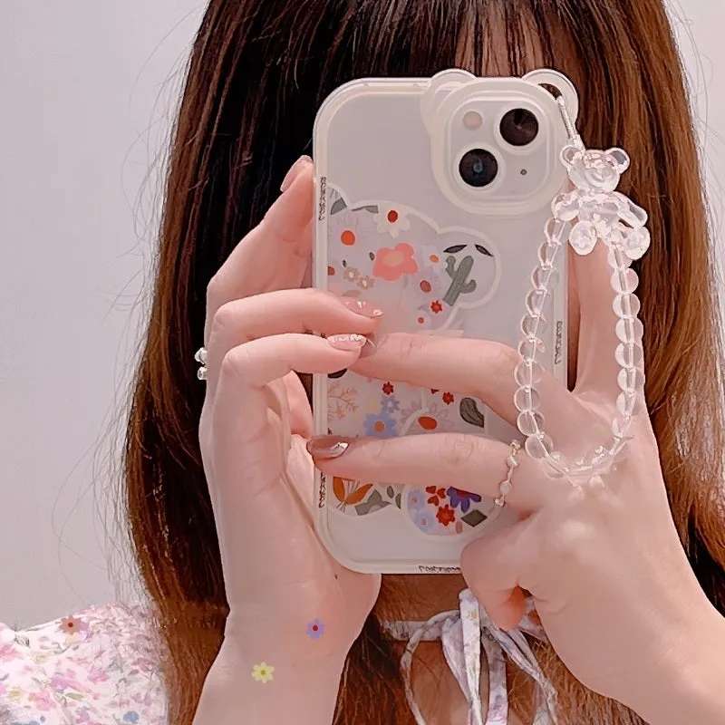 Cute Cartoon 3D Bear Ear Flower Transparent Hang Phone Chain Silicone Case