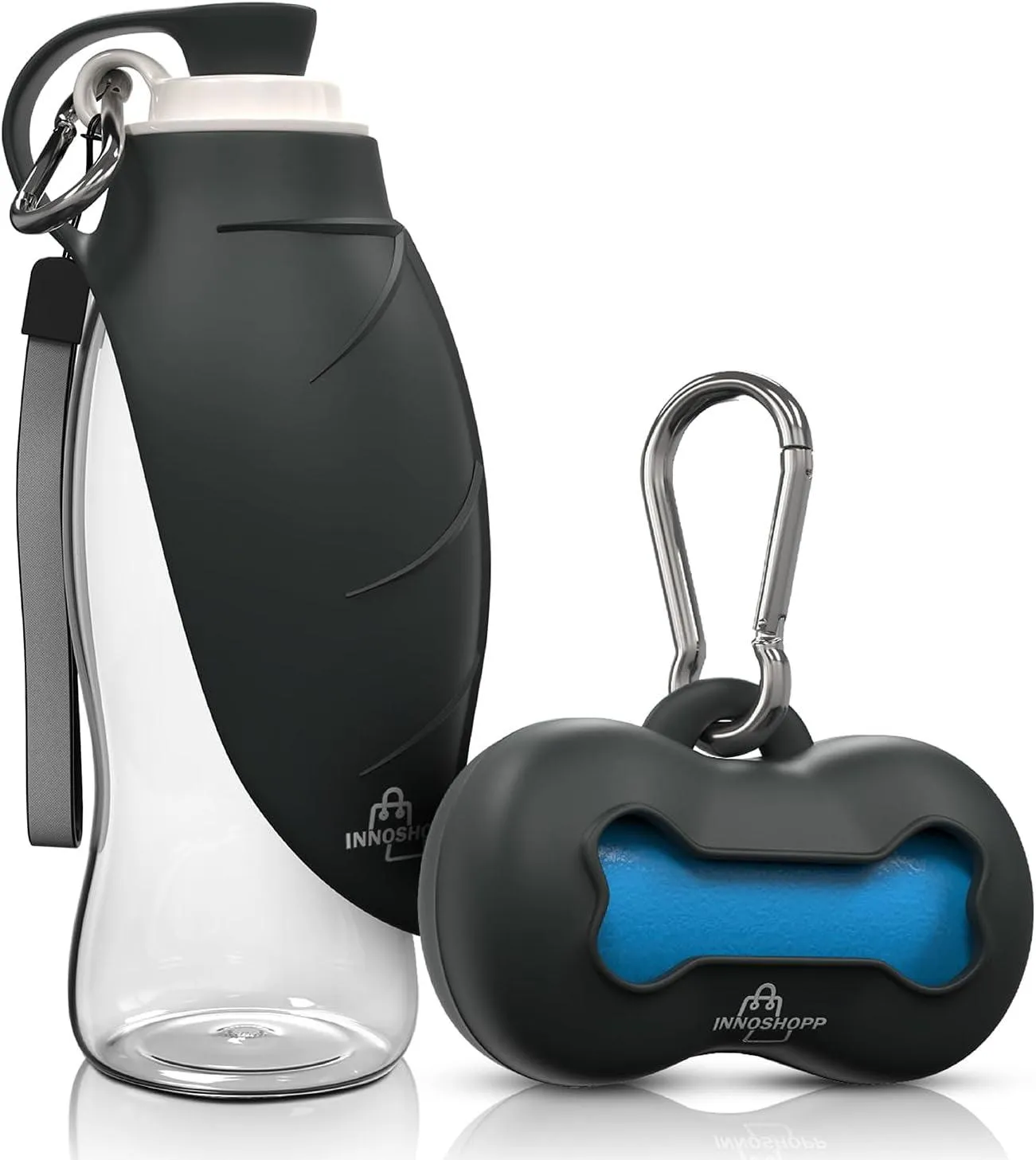 Dog Water Bottle - Portable Travel Dog Water Dispenser Including Carabiner & Waste Bag Dispenser - Leak Proof & BPA Free Dogs Drinking Bottle for Walking, Hiking & Travel(Black) by