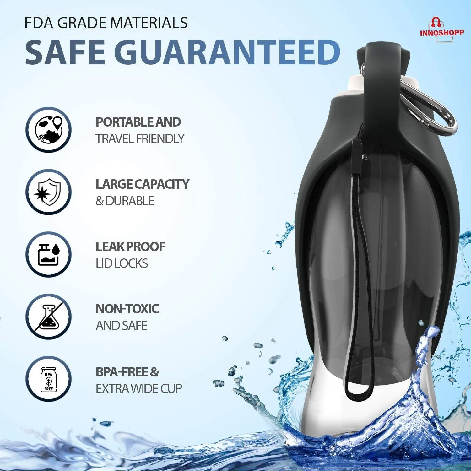 Dog Water Bottle - Portable Travel Dog Water Dispenser Including Carabiner & Waste Bag Dispenser - Leak Proof & BPA Free Dogs Drinking Bottle for Walking, Hiking & Travel(Black) by