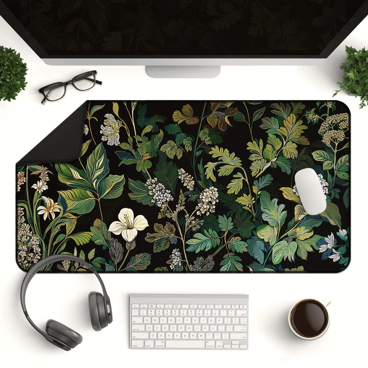 Elegant Botanical Black Floral Desk Mat