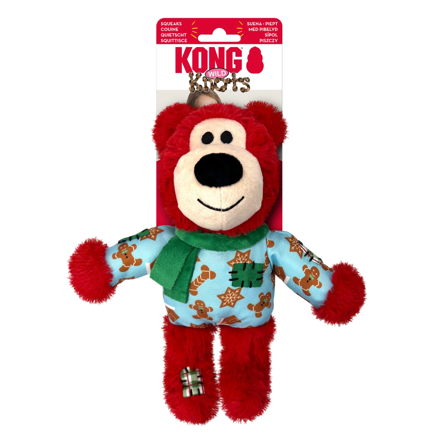 KONG Holiday Wild Knots Bear 2024 | Small/Medium Christmas Durable Squeaky Dog Toy