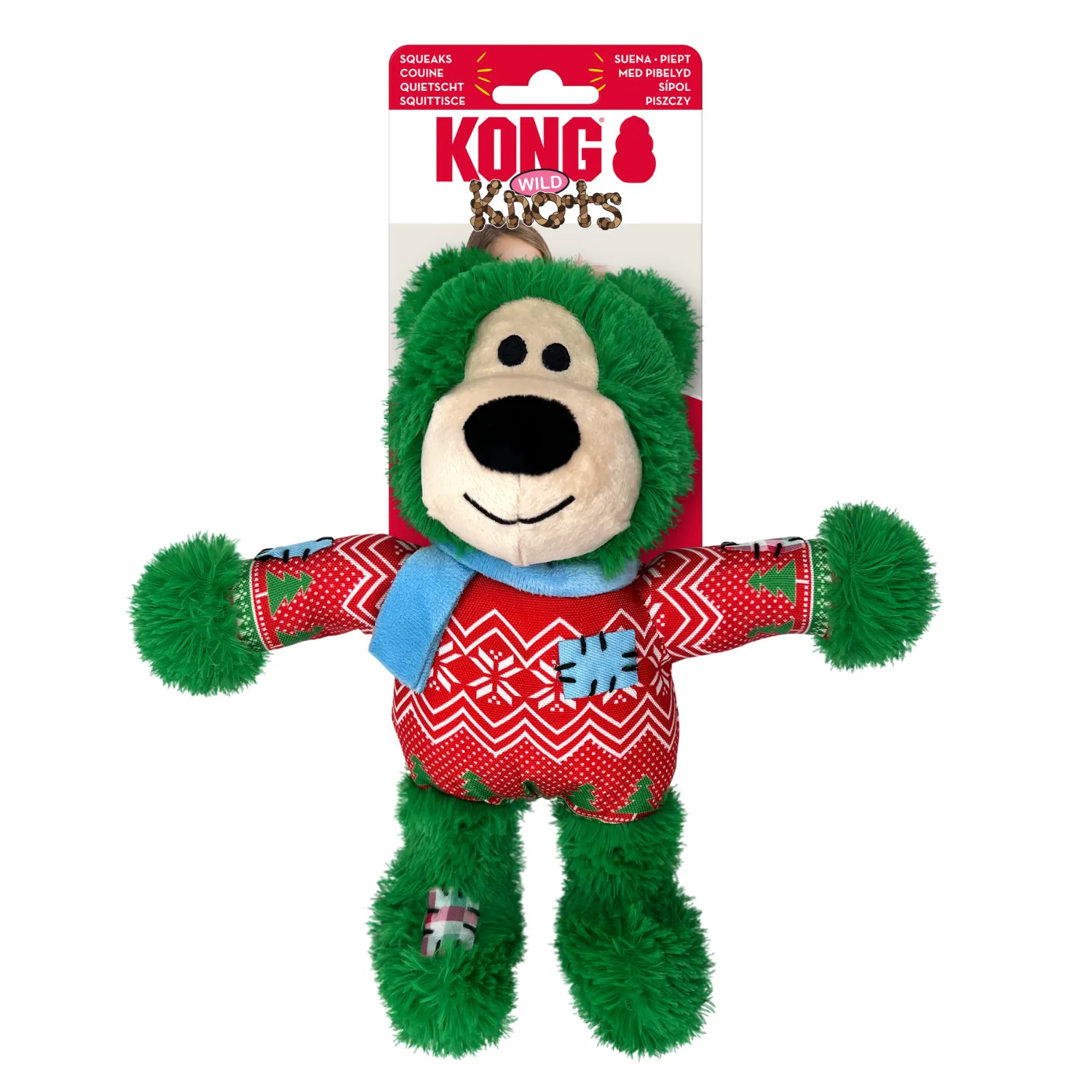 KONG Holiday Wild Knots Bear 2024 | Small/Medium Christmas Durable Squeaky Dog Toy