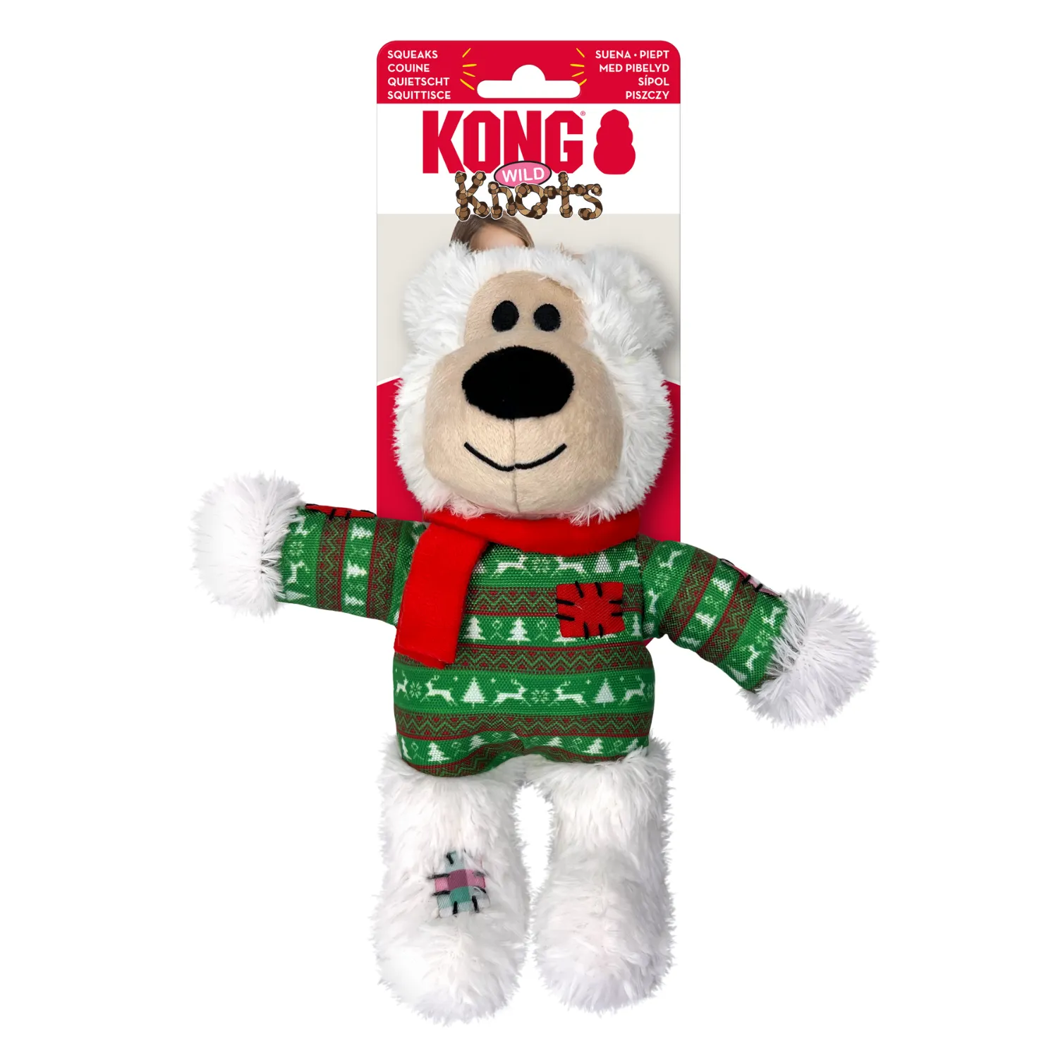 KONG Holiday Wild Knots Bear 2024 | Small/Medium Christmas Durable Squeaky Dog Toy