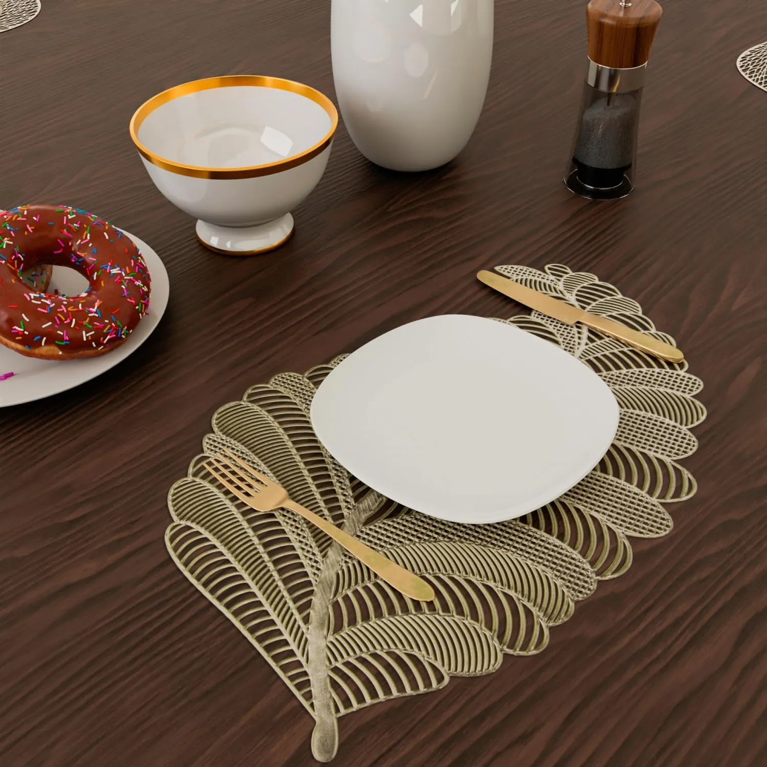 Kuber Industries Side Table Mats | Table Mat For Bedroom | Bed-Side Table Mat | Center Table Mat | Table Dining Mat | Table Runner Mat | Leaf Shape | 2 Piece Set | Golden