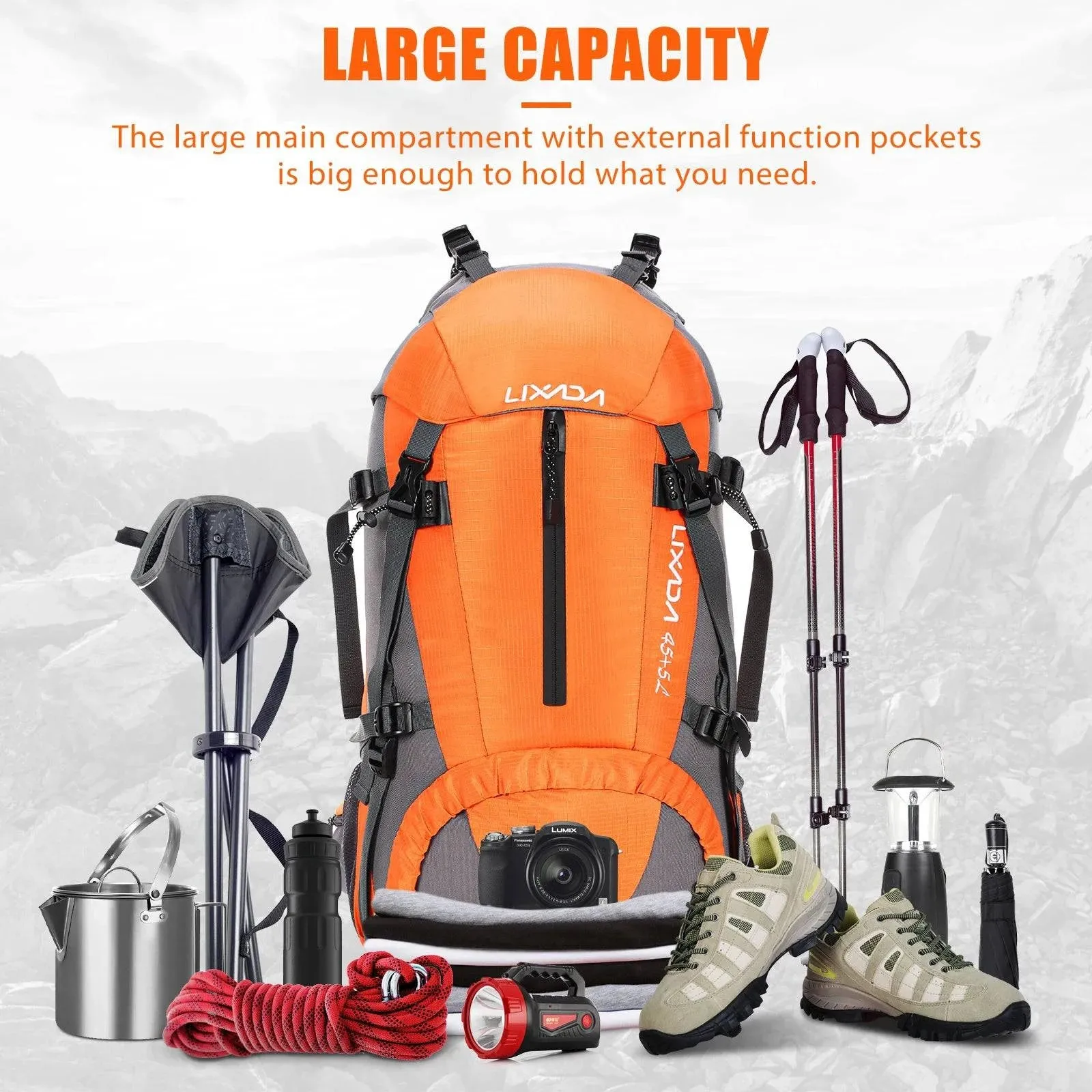 Lixada 50L Hiking Backpack Water Resistant Outdoor Sport Knapsack Camping Travel Pack Climbing Trekking Bag with Rain Cover