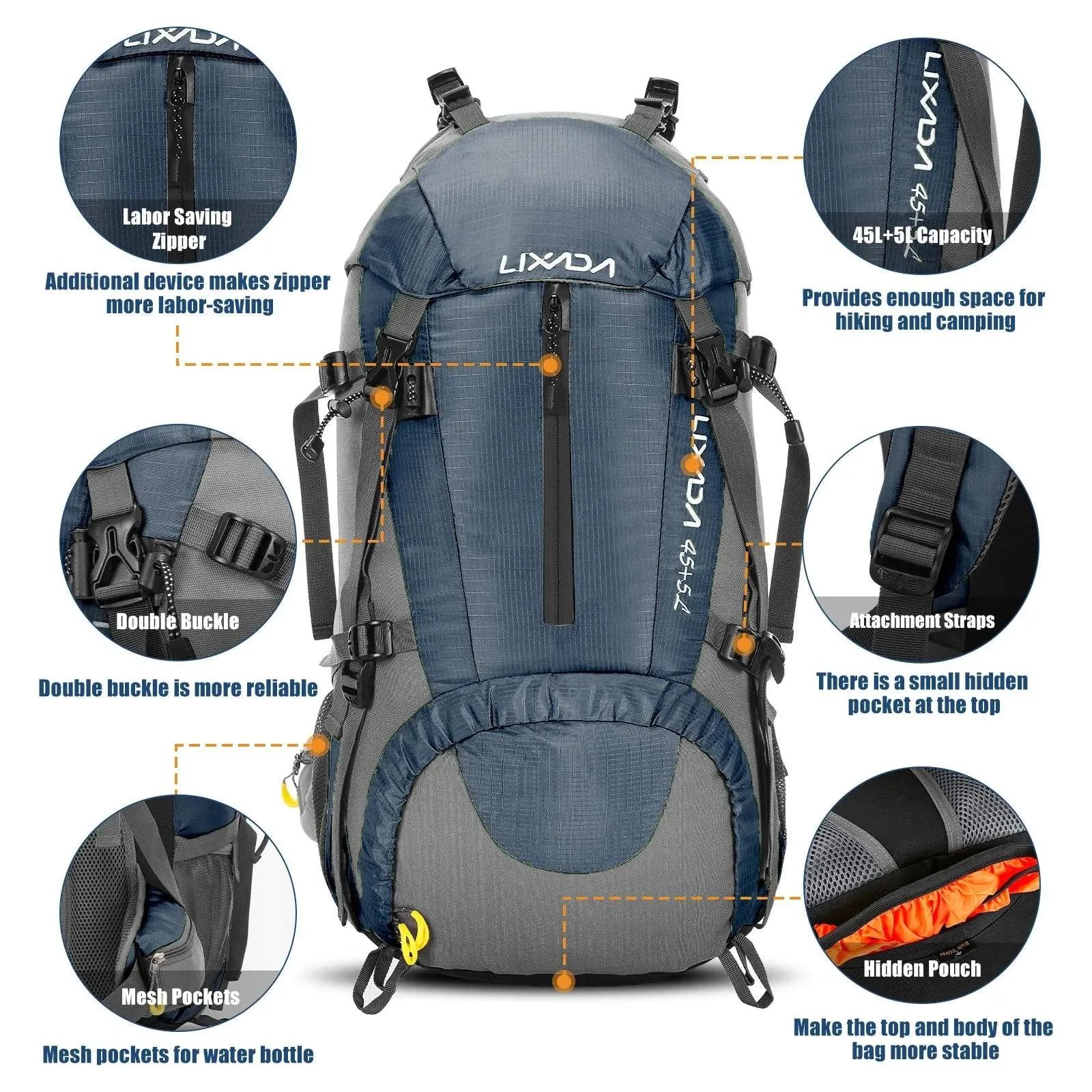 Lixada 50L Hiking Backpack Water Resistant Outdoor Sport Knapsack Camping Travel Pack Climbing Trekking Bag with Rain Cover