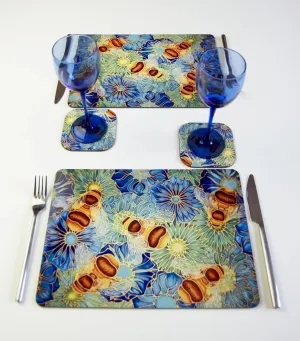 Placemats Featuring Bees & Flowers - Blue Green Table Mats - Bumble Bee Tableware Coasters