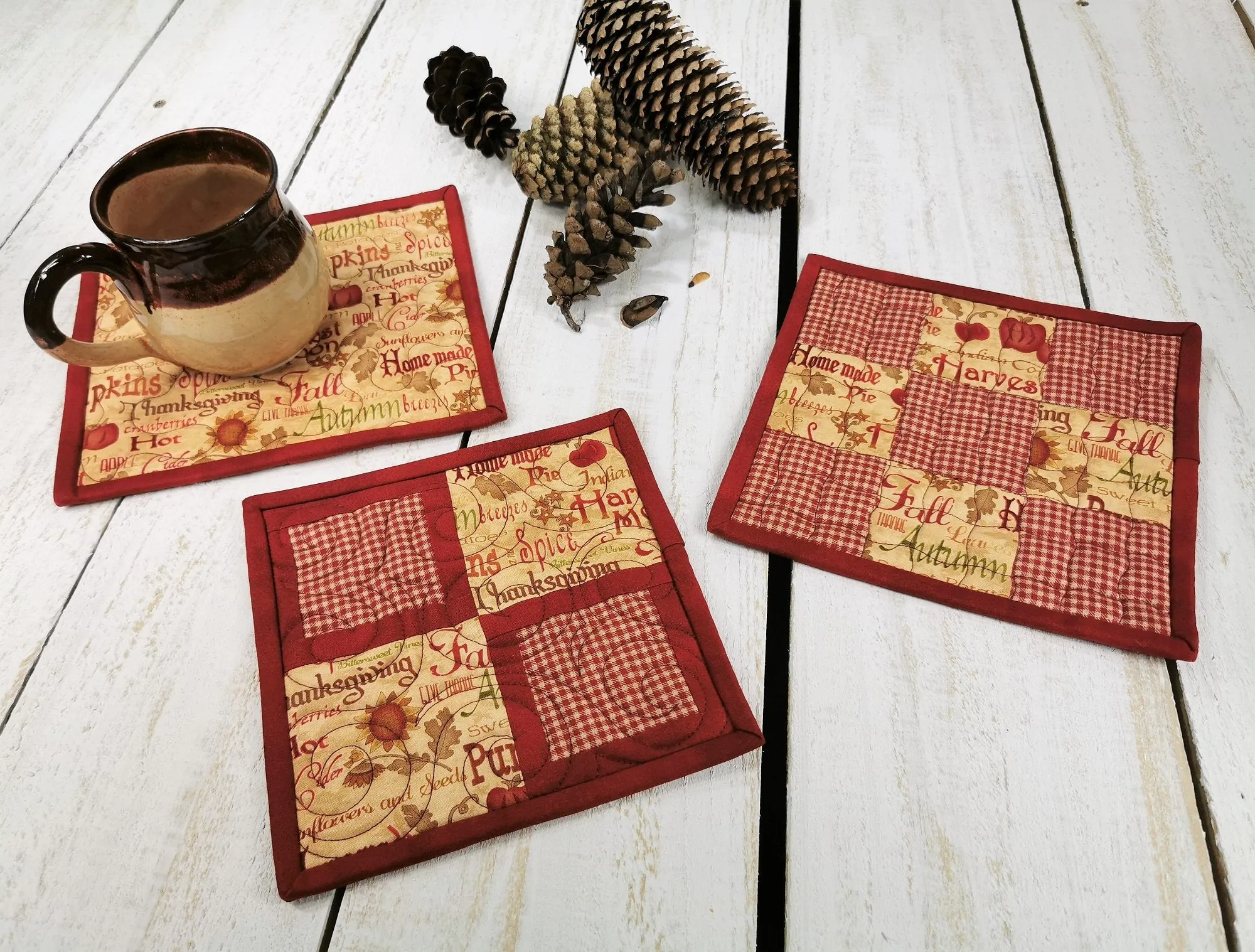 Quilted Potholders, Fall Hot Mats, Set of Three