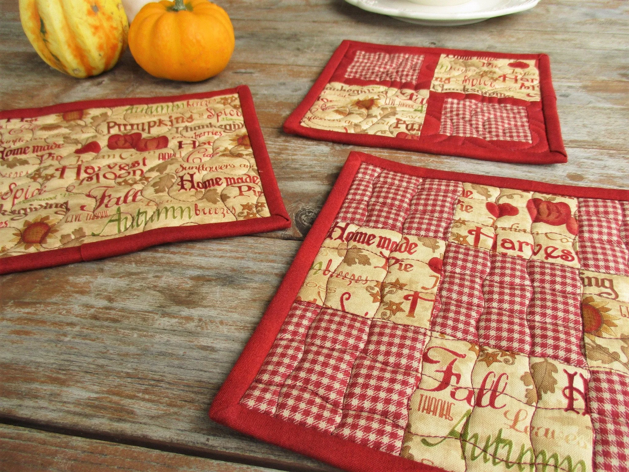 Quilted Potholders, Fall Hot Mats, Set of Three