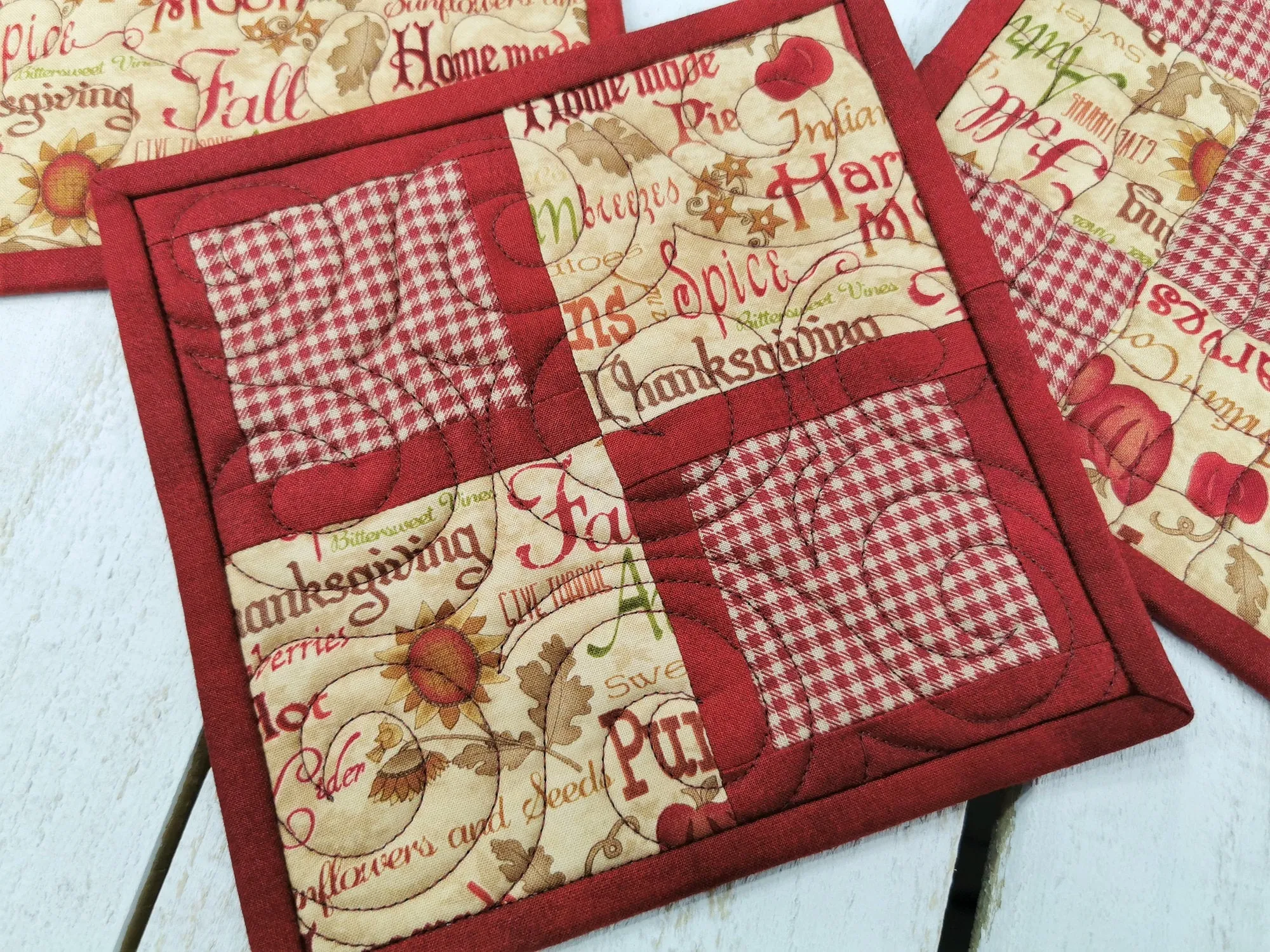 Quilted Potholders, Fall Hot Mats, Set of Three