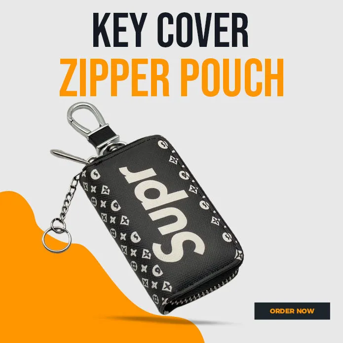 Supreme Zipper Matte Leather Key Cover Pouch Black with Keychain Ring