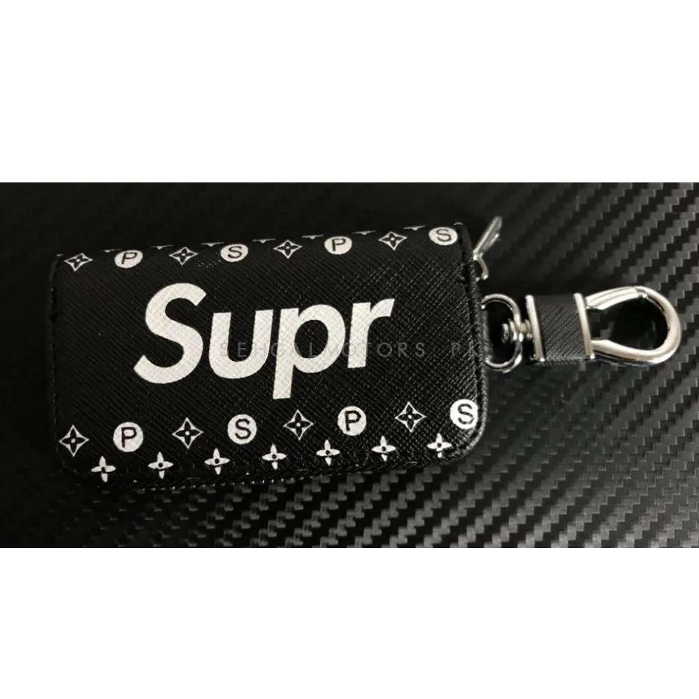 Supreme Zipper Matte Leather Key Cover Pouch Black with Keychain Ring